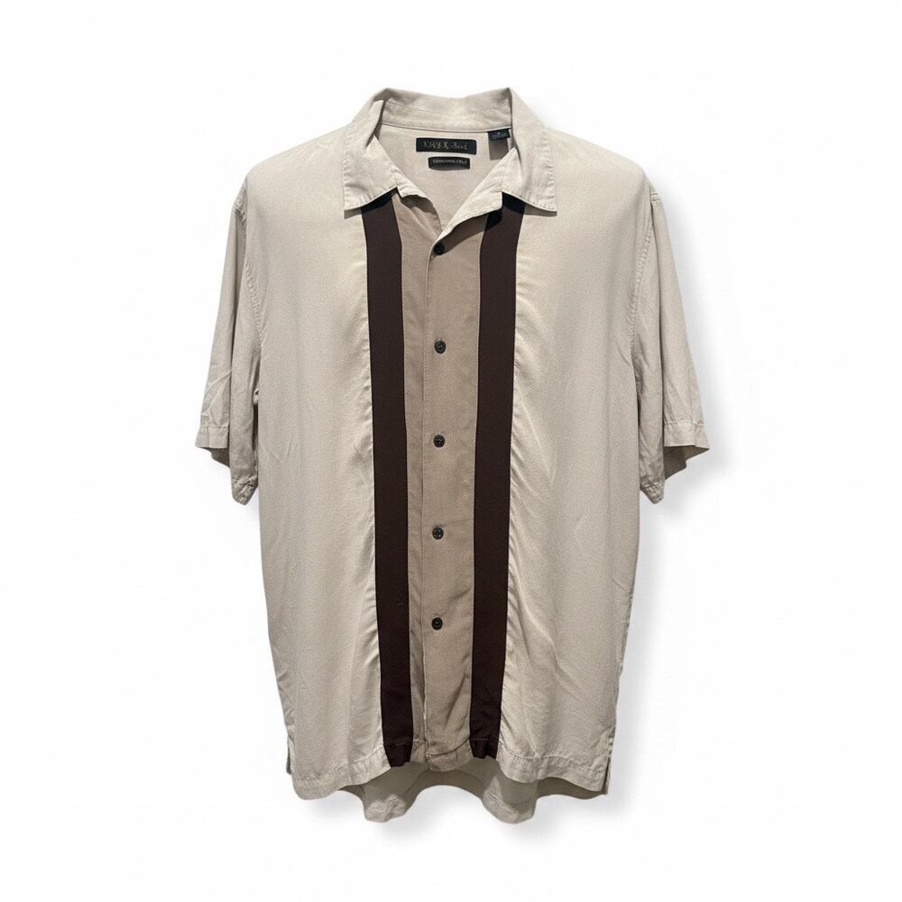 Axist Washable Silk Retro Bowling Beige Button Up Shirt  Men XL Resort Summer
